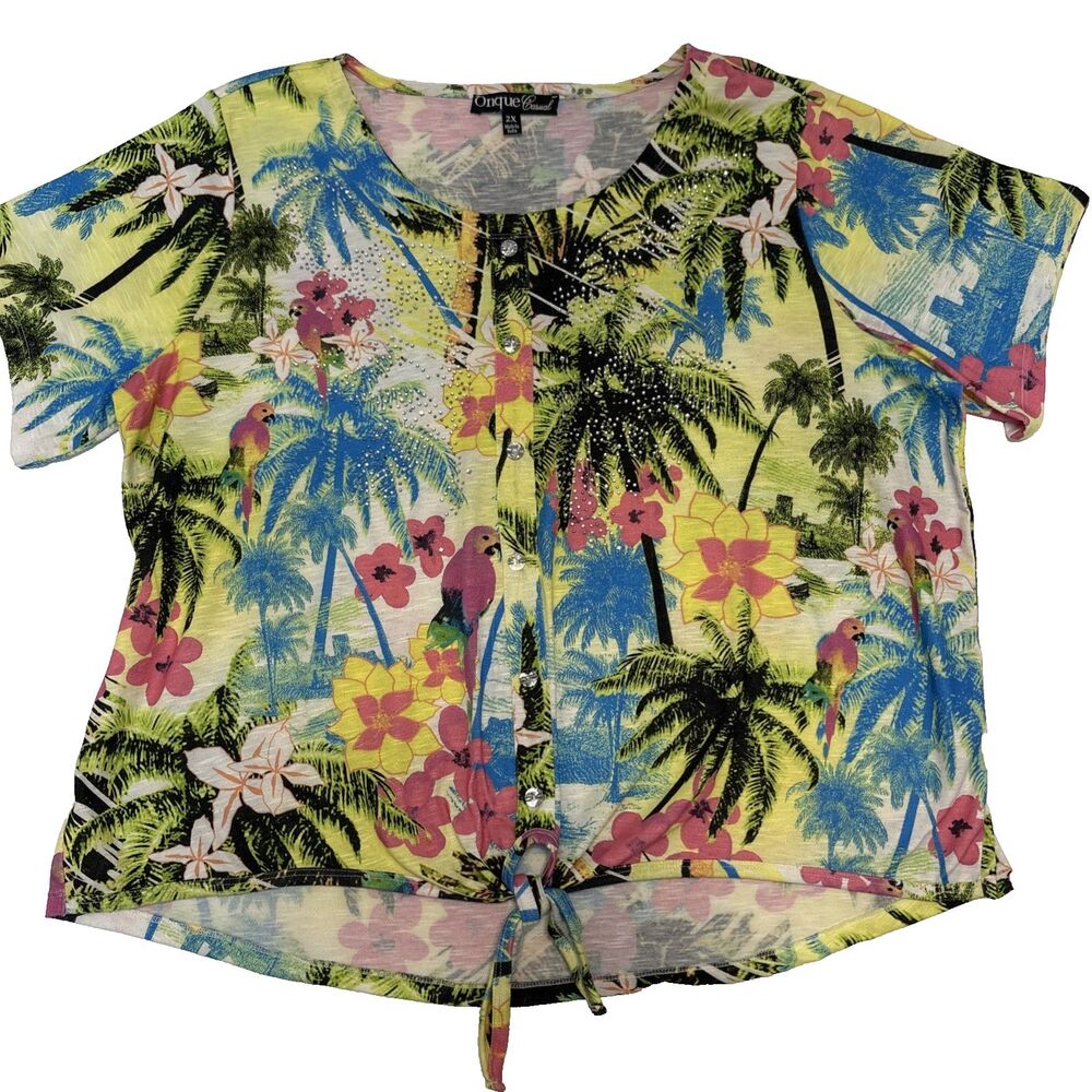 Onque Casual Embellished Pullover Hawaiian Parrots Floral Short Sleeve Size 2XL